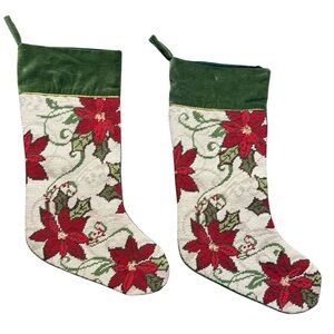 Set Of 2 Wool Needlepoint Poinsettia Christmas Stockings Velvet North Pole